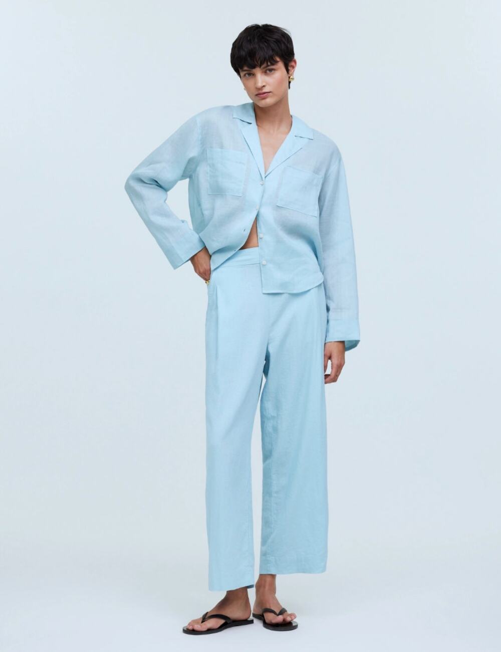 Madewell Linen Blend Pull On Straight Crop Pant Blue Heron Pockets US 8 NWT